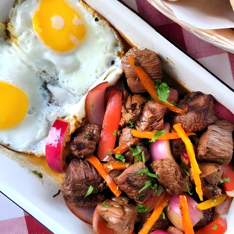 La Piccolina's beef stir-fry with peppers and onions, served with two fried eggs.