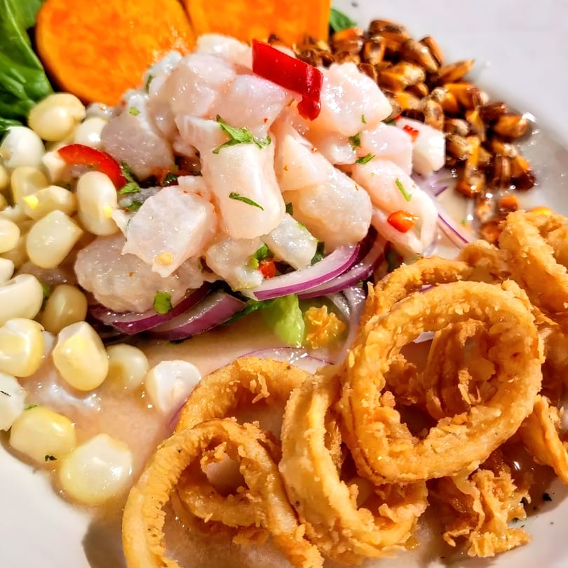 Close-up of ceviche with white fish, red onions, corn, fried calamari, and sweet potato.
